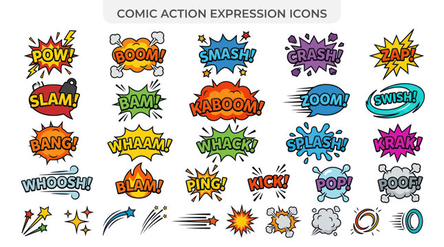 Comic Action Expression Icons: Pow, Boom, Smash, Crash, Zap, Slam, Bam, Kaboom, Zoom, Swish