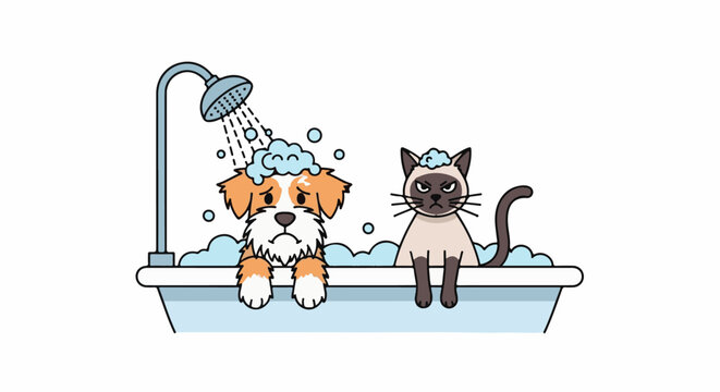 Sad dog and angry cat in a bathtub with a shower and soap bubbles