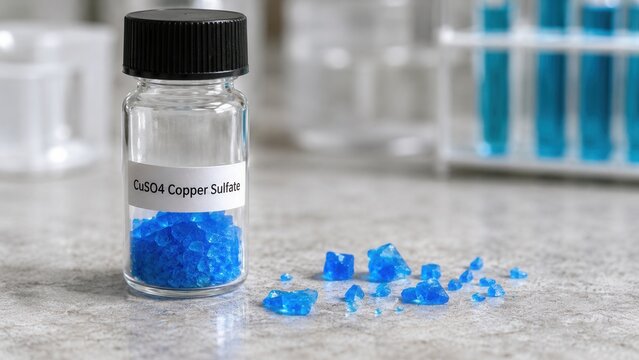 Blue crystals of copper sulfate sit inside a clear container on a lab table with some crystals scattered nearby