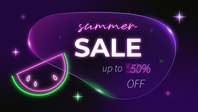 Neon summer sale banner featuring a glassmorphism bubble design with glowing light effects and watermelon-inspired colors. Editable vector template with customizable discount text for promotional use.