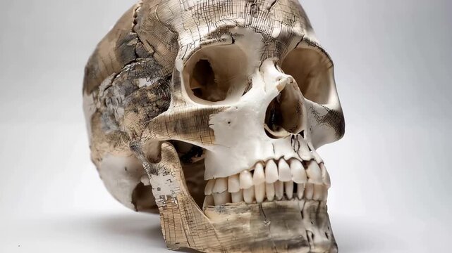 Skull with unique design shows details of cracks and shapes in art display in a museum environment