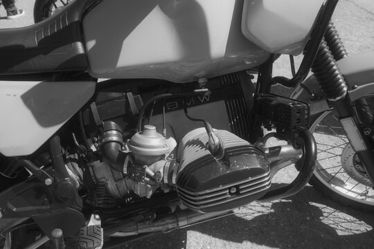 Black and white BMW boxer engine motorcycle detail at Passo della Raticosa, Italy