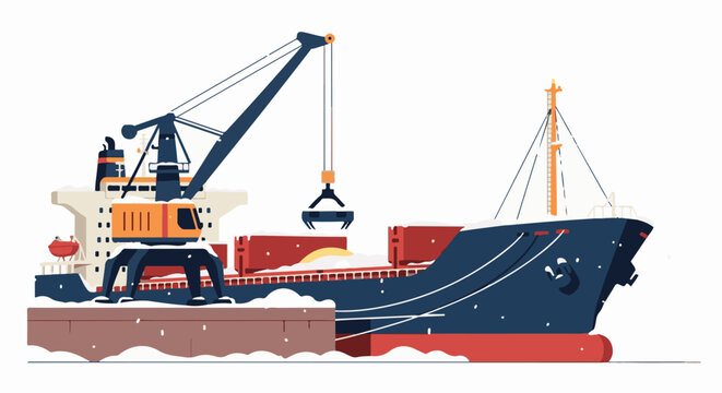 Snow falls on a large cargo ship being loaded by a crane