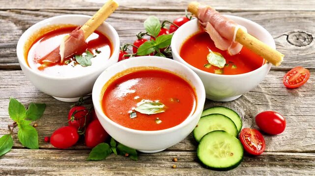 Tomato soup gazpacho with prosciutto breadsticks on wooden table