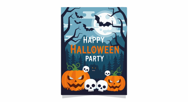 Spooky night party invitation with pumpkins, skulls, bats, and full moon