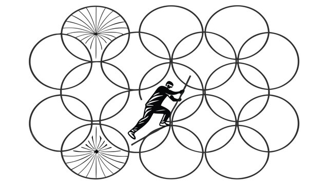 Vector illustration of a person balancing on a tightrope over circular geometric patterns with tightrope
