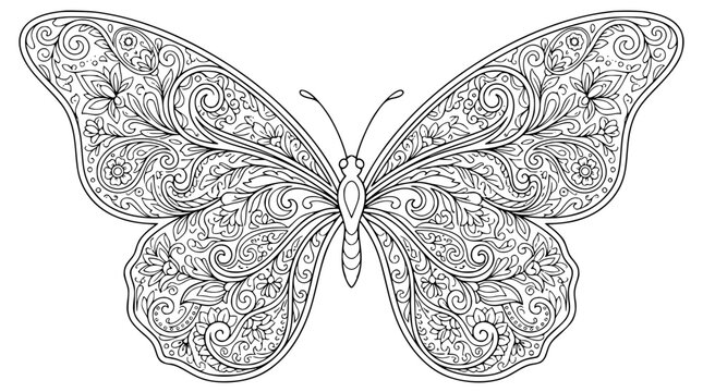Intricate Butterfly Coloring Page with Ornate Floral and Scrollwork Patterns