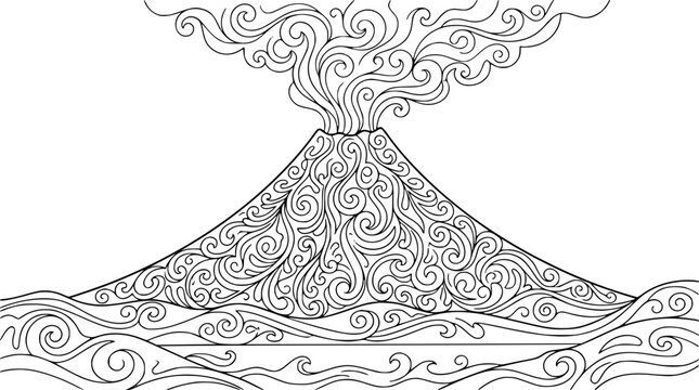 Stylized volcano eruption and ocean waves line art coloring page