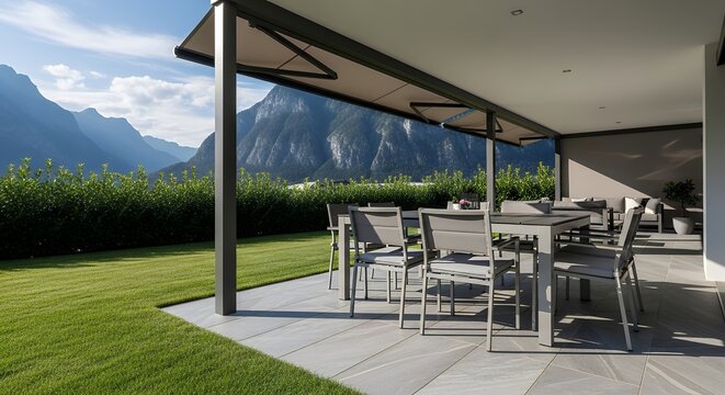 Outdoor dining on modern patio with retractable awning