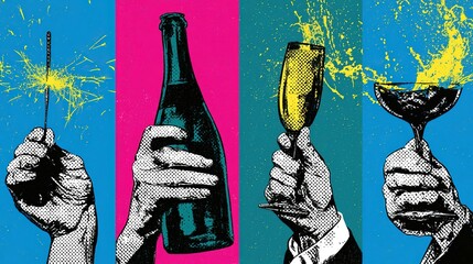 Naklejka premium Bright segmented four-panel vertical graphic with halftone black-white hands, each holding sparkler, champagne bottle, flute and coupe cup with spilling drink