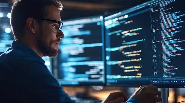 Handsome software engineer coding on computer systems, focused on software development.