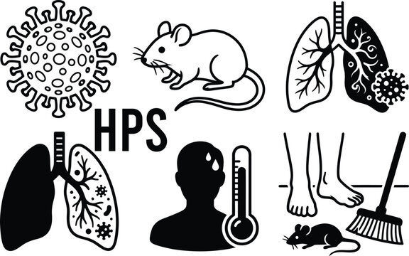 Hantavirus Pulmonary Syndrome HPS Icons: A collection of graphic illustrations representing Hantavirus Pulmonary Syndrome, including the virus particle, a mouse, lungs affected by infection.