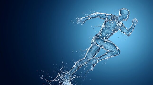 Water man running sprint figure splashing liquid dynamic fluid silhouette represent speed performance energy healthy lifestyle motion graphic illustration on blue.