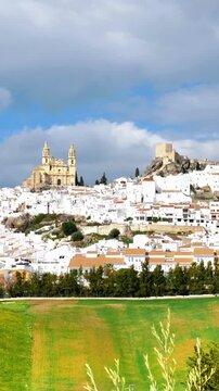 white village of olvera with church and castle in andalusia