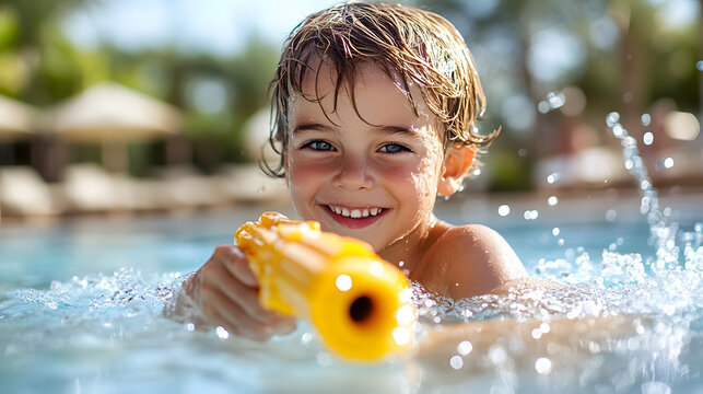 Happy young boy laughing while playing with water splash inside swimming pool