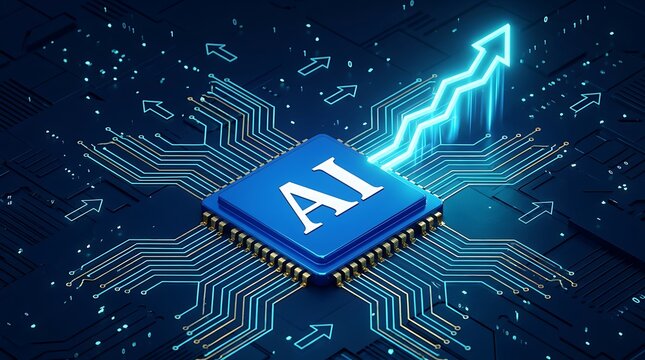 Artificial intelligence microchip processor showing growth arrow graph symbolizing digital transformation innovation technology progress and future data development.