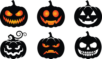 Obraz premium Set of scary Halloween pumpkin icons, Jack-o'-lantern silhouettes with glowing eyes and spooky faces in image_9bcf15