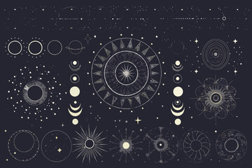 Celestial Bodies And Phases Of The Moon Detailed Vector Illustration © Nayon