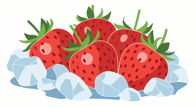 Several bright red strawberries with green tops are nestled among ice cubes