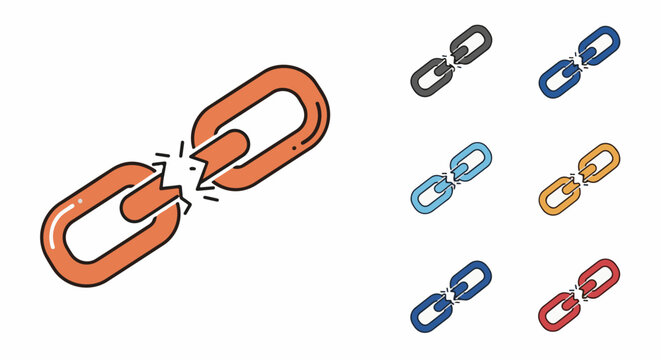 Several chain links, one broken, in various colors, on a white background