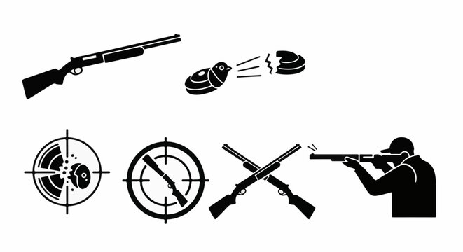Silhouette icons of hunting scenes with shotguns, targets, and a shooter