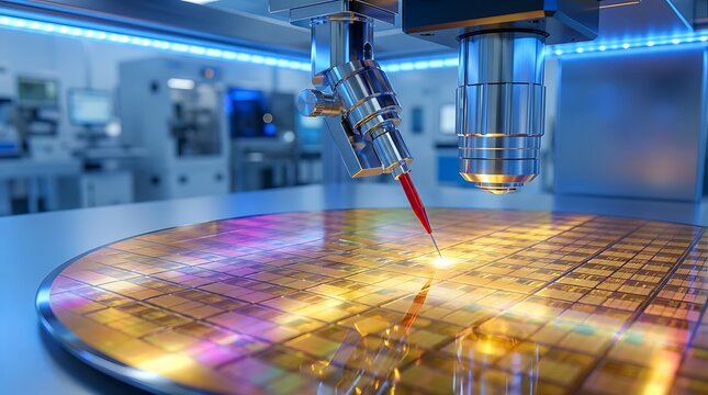 Automated semiconductor wafer testing machine probe inspecting integrated circuits on a silicon disc with advanced technology and precision engineering in a bright cleanroom environment.