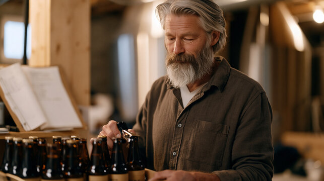 Professional home brewer in his 50s bottling a seasonal amber ale in a basement setup, capper tool in hand, labeled bottles in a carrying tray, fermentation notes and a recipe binder open on the nea