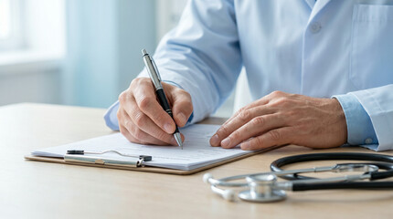Fototapeta premium Male doctor writing prescription on clipboard during medical consultation in clinic