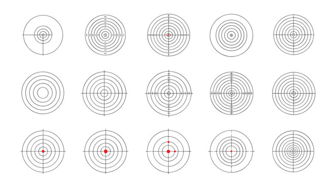 Large collection of diverse target icons and crosshair reticles for shooting, gaming, and goal setting concepts.