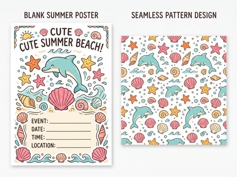 Cute blank summer beach poster and pattern set vector. Hand drawn dolphin, starfish, shell and pink scallop vector