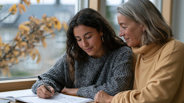 Literacy volunteer tutor and adult English learner sit at a rain-streaked library window, workbook flat between them, the learner tracing a handwritten sentence with deliberate concentration, the tu