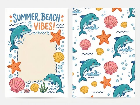 Cute blank summer beach poster and pattern set vector. Hand drawn dolphin, starfish, shell and pink scallop vector