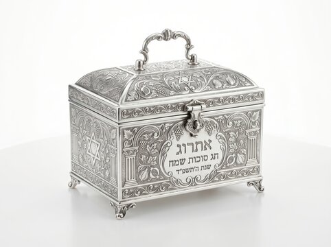 Intricately designed silver etrog box with hebrew writing isolated on white background