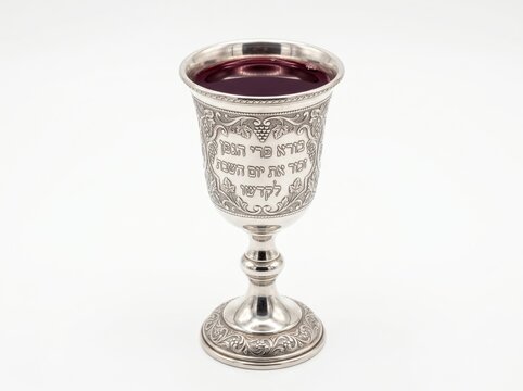 Silver kiddush cup with red wine isolated on white background
