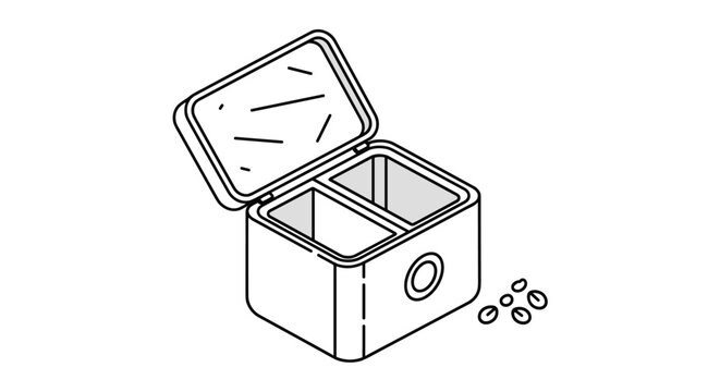 Perspective drawing of an opened storage box or container with a separate compartment and a few scattered coffee beans.