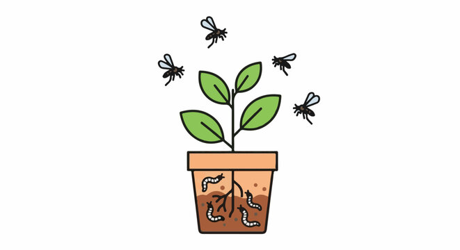 Plant in pot with flies above and larvae in soil below