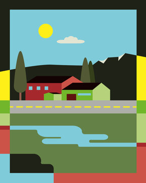 Vibrant Rural Summer Landscape with Farm, Pond and Road