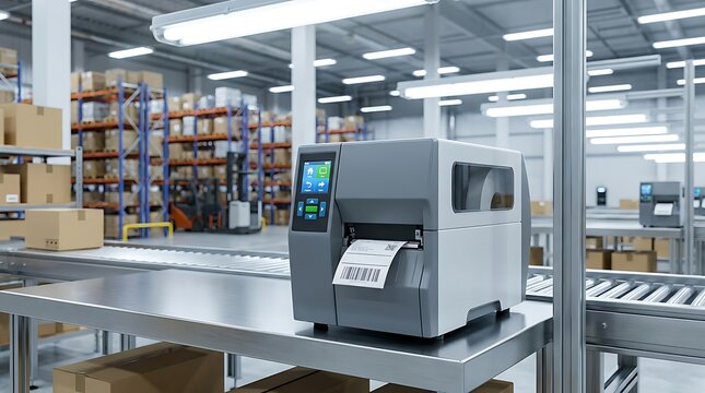 Industrial label printer on stainless steel table in warehouse with boxes and shelves in background, modern logistics and shipping concept.