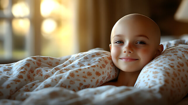 Cute little sick boy lying under blanket in hospital bed smiling weakly
