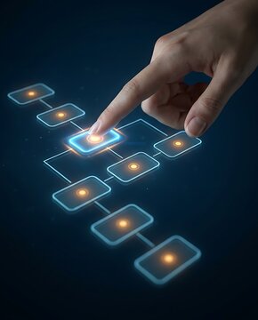 Finger touching illuminated digital interface in a flowchart for complex process on dark background symbolizing decision making and progress.