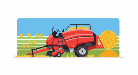 Naklejka premium Red baler compacting hay into round bales in a field