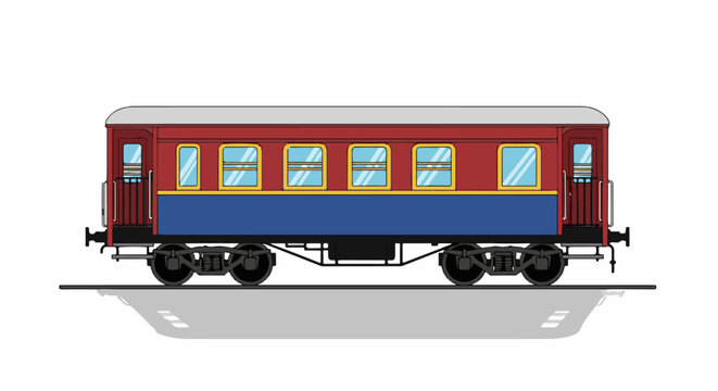 Red and blue passenger train car with yellow-trimmed windows and detailed wheels
