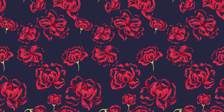 Seamless floral vector pattern with red blooming flowers and buds on dark navy background, elegant botanical repeat for textiles, wrapping paper, packaging, decor and fashion