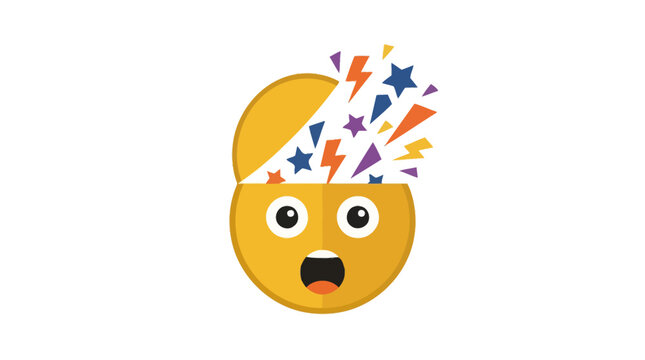 Exploding head emoji with colorful stars and shapes.