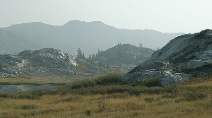 Obraz premium Rural mountain landscape features a calm alpine lake reflecting the hazy sky, surrounded by rugged rocky hills, green grasses, and scattered pine trees under a broad, muted sky