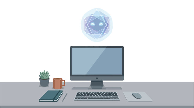 Minimalist modern workspace with computer and office supplies featuring a futuristic glowing artificial intelligence hologram hovering above the desk