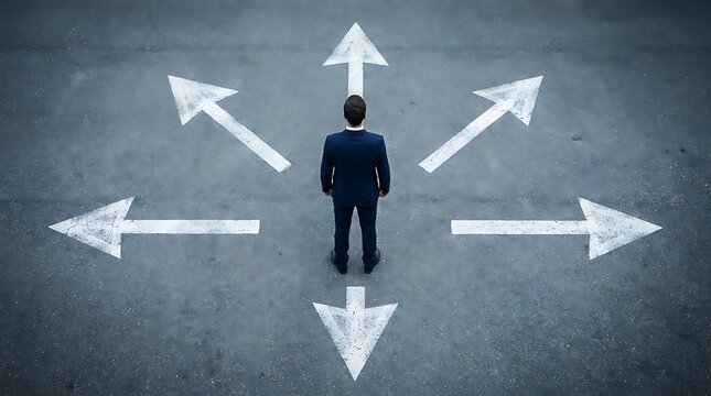 Businessman standing at crossroads facing multiple arrows pointing in different directions representing choices and decision making in career path opportunities.
