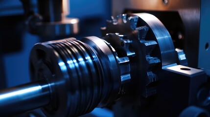 Fototapeta premium Cnc machine tool producing precision metal gears and components for engineering, automation, and industrial production, highlighting technological advancement and efficiency