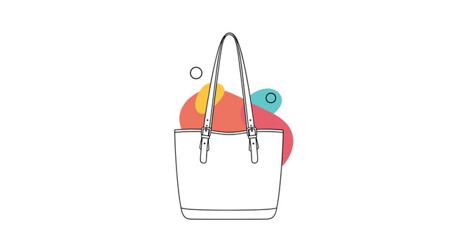 Simple line drawing of a white tote bag with long straps is accented by abstract colorful shapes in the background.
