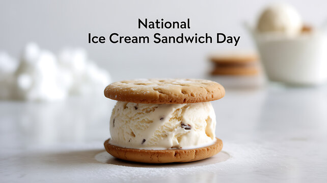 Ice cream sandwich with cookie layers on a light surface, celebrating National Ice Cream Sandwich Day
